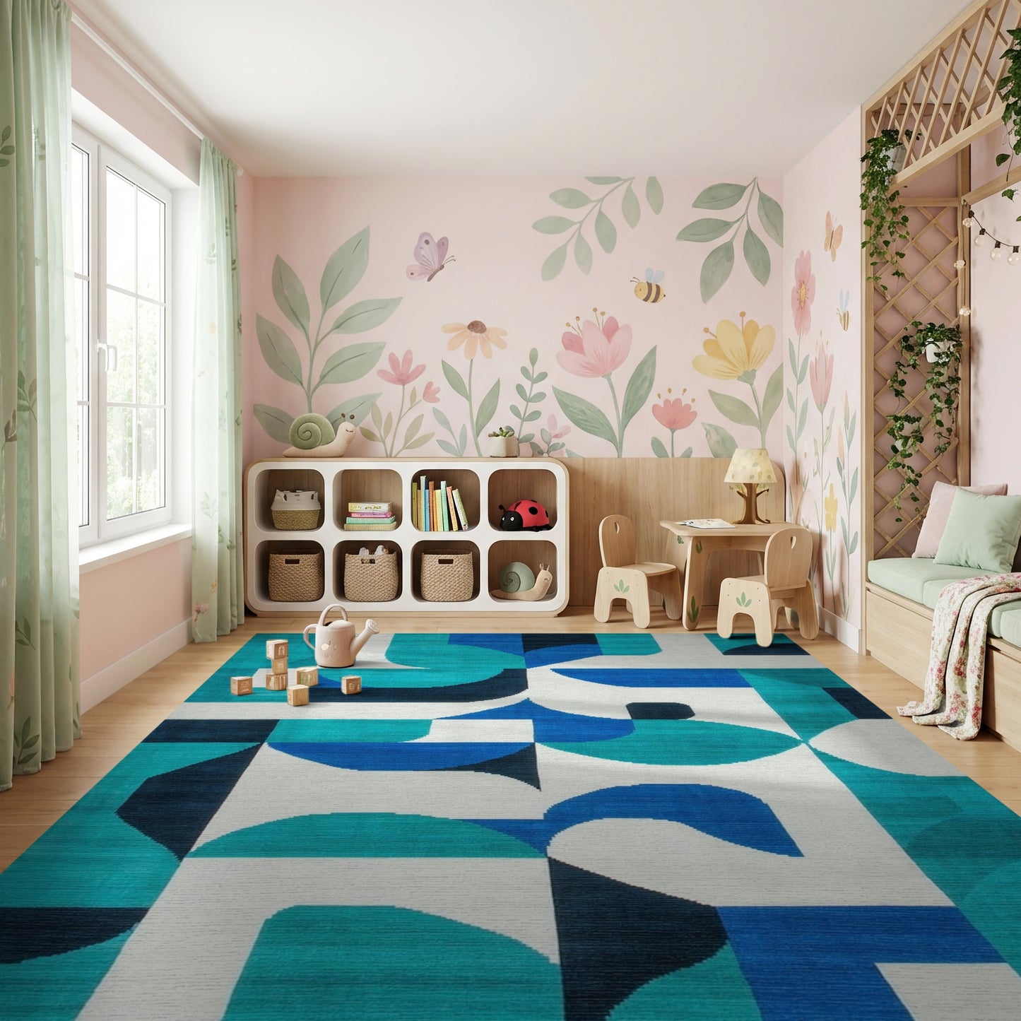 Teal Navy Abstract Geometric Rug