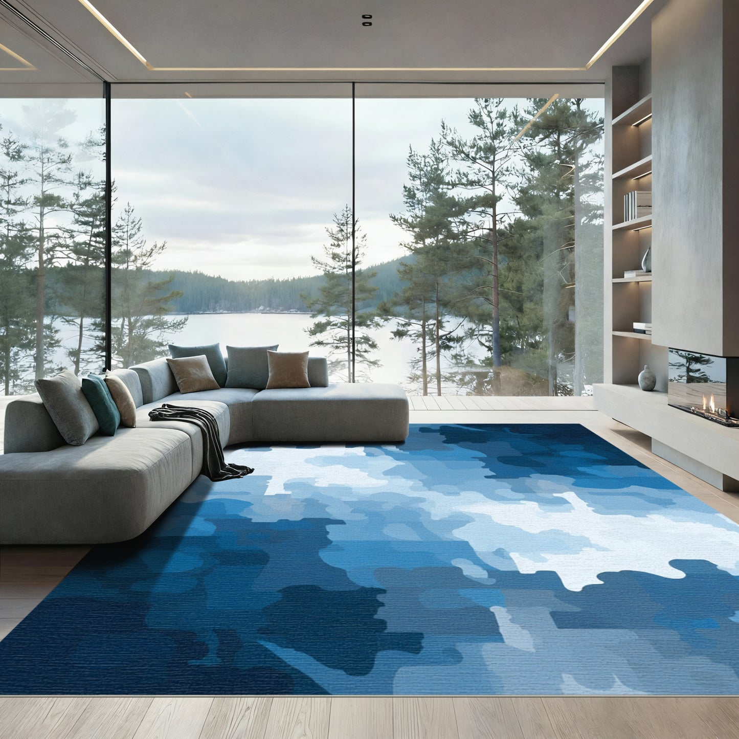 Abstract Blue Camouflage Landscape Rug