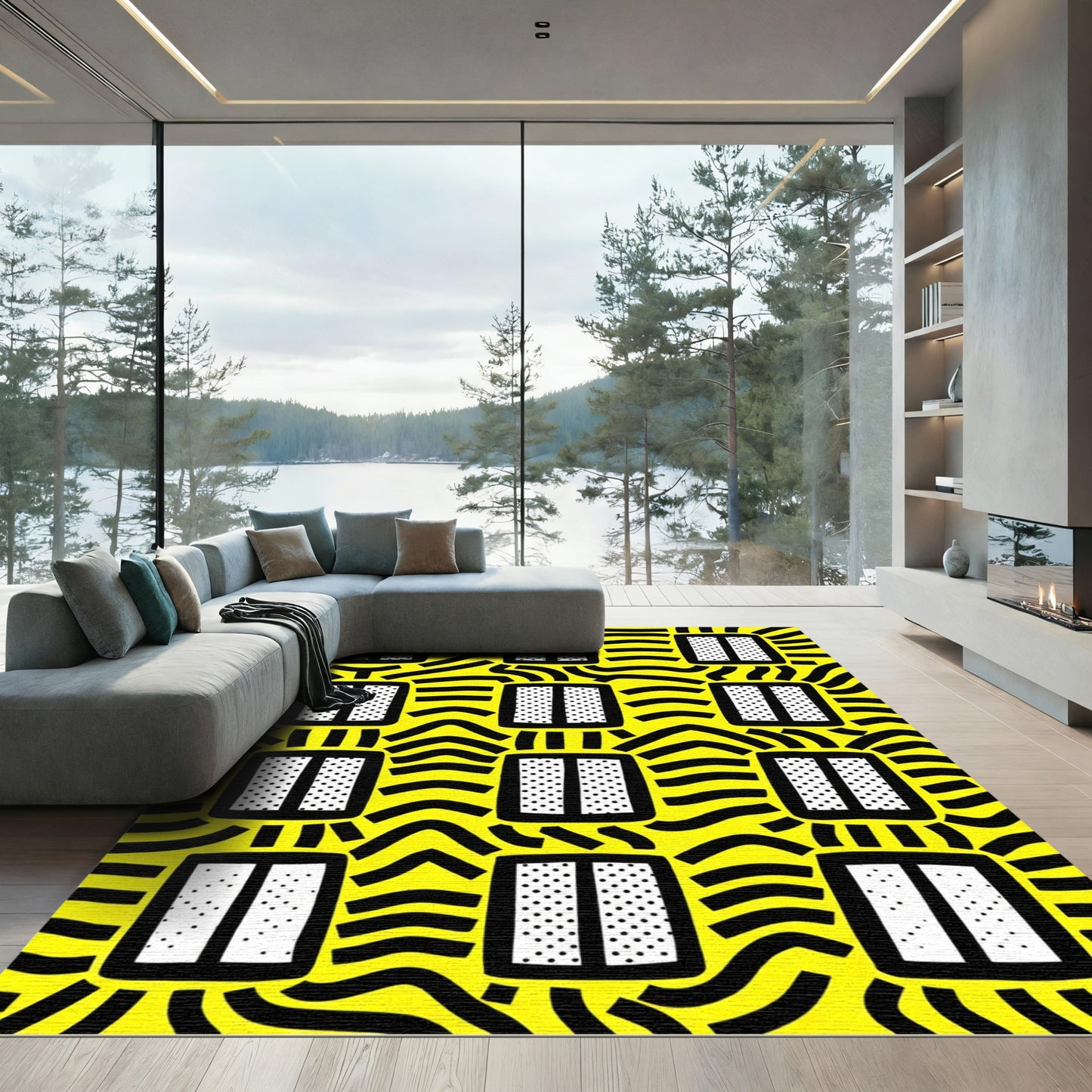 Bold Yellow Black Window Pattern Rug