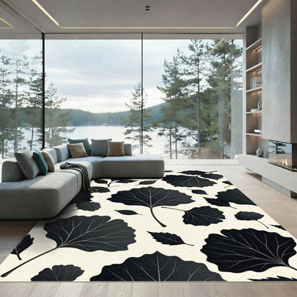 Minimalist Black Botanical Leaf Illustration Rug