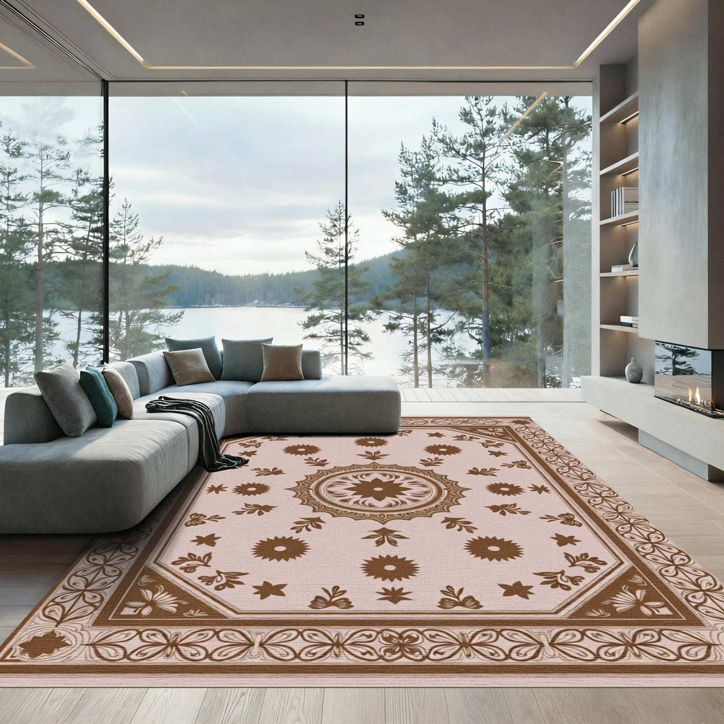 Chocolate Brown Blossom Medallion Borders Rug