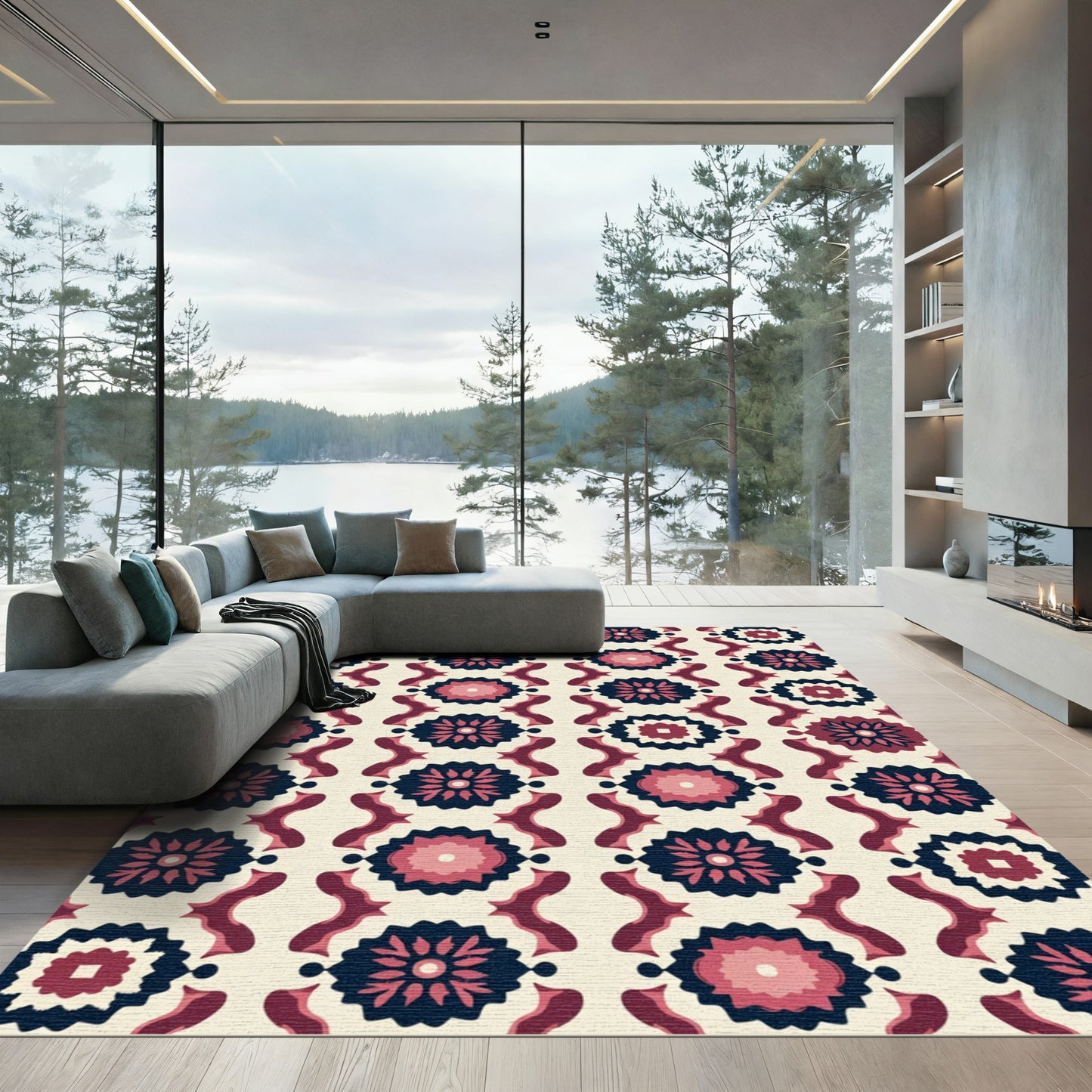 Crimson Navy Floral Medallion Stripe Rug