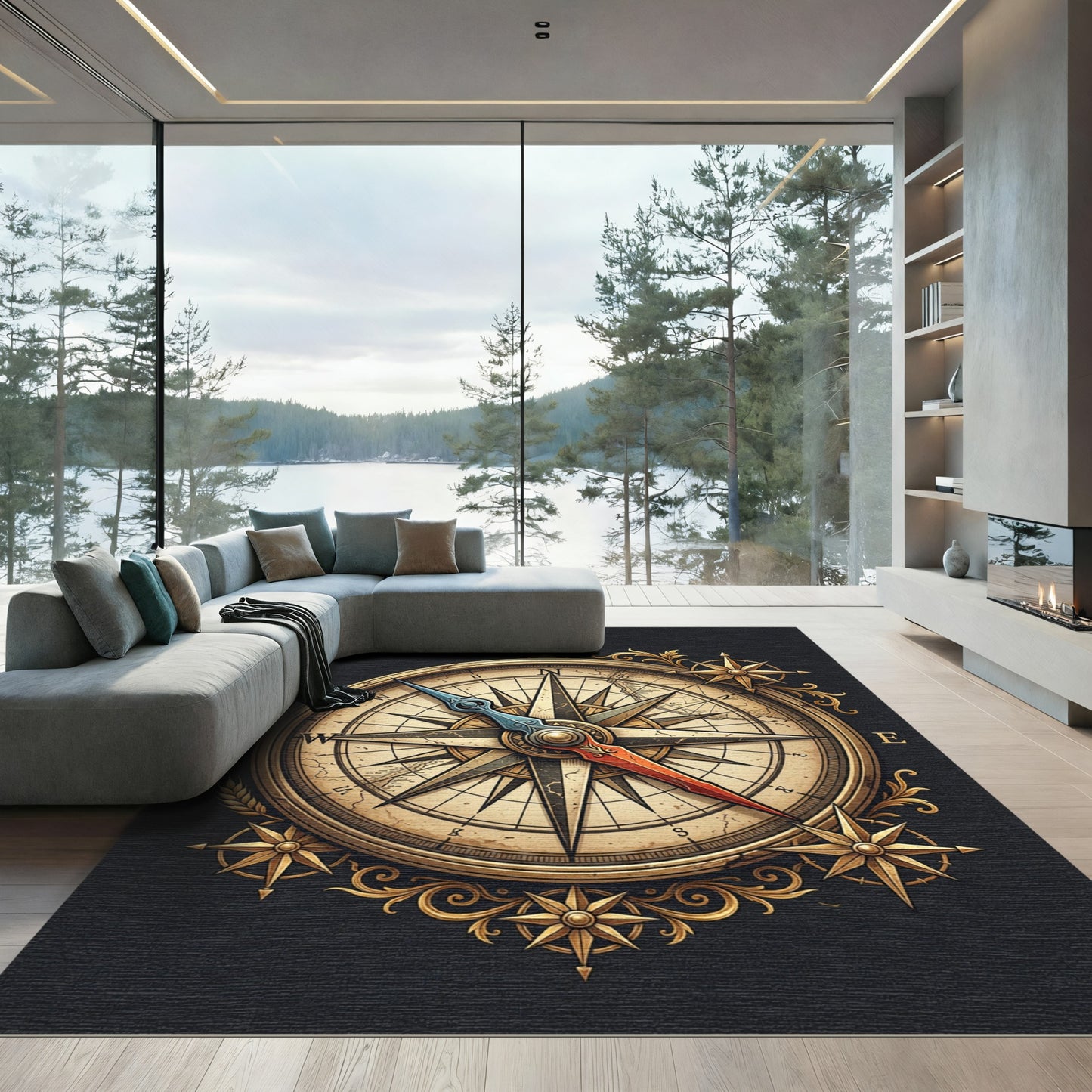 Antique Gold Nautical Compass Medallion Rug
