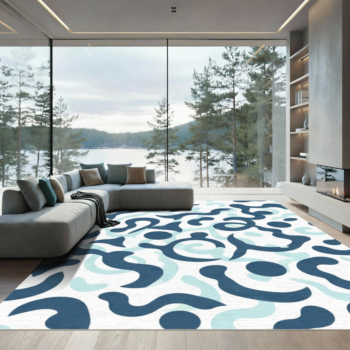 Teal White Abstract Organic Swirl Rug