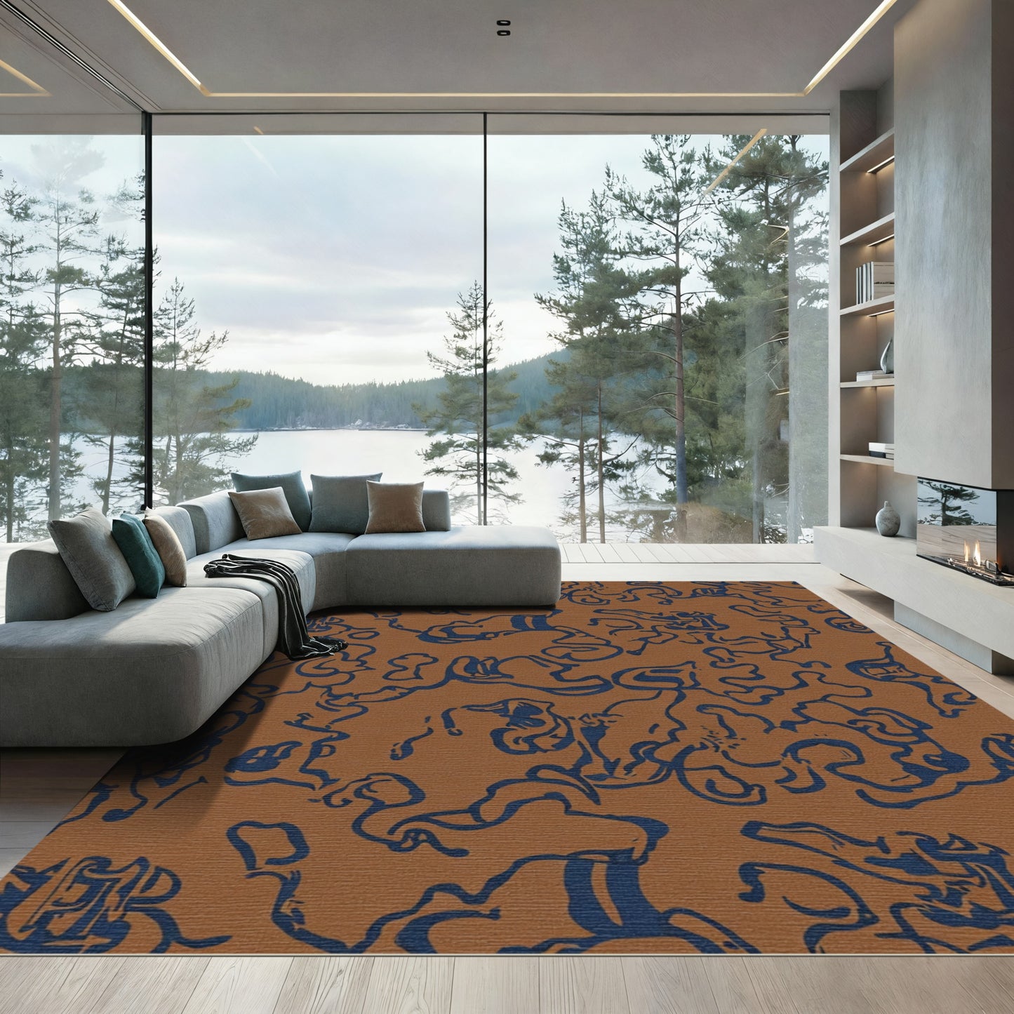 Brown Navy Abstract Organic Flow Rug