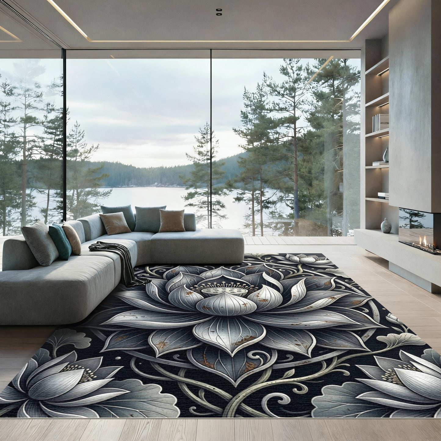 Elegant Monochrome Lotus Medallion Rug