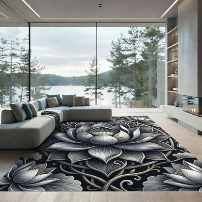 Elegant Monochrome Lotus Medallion Rug