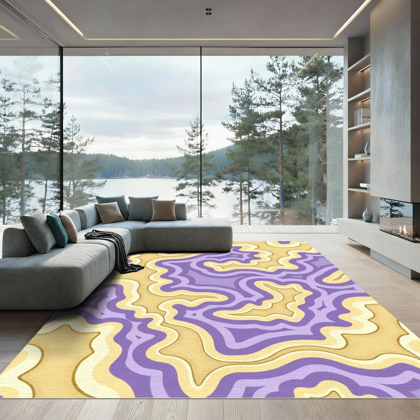 Lavender Cream Swirling Organic Lines Rug