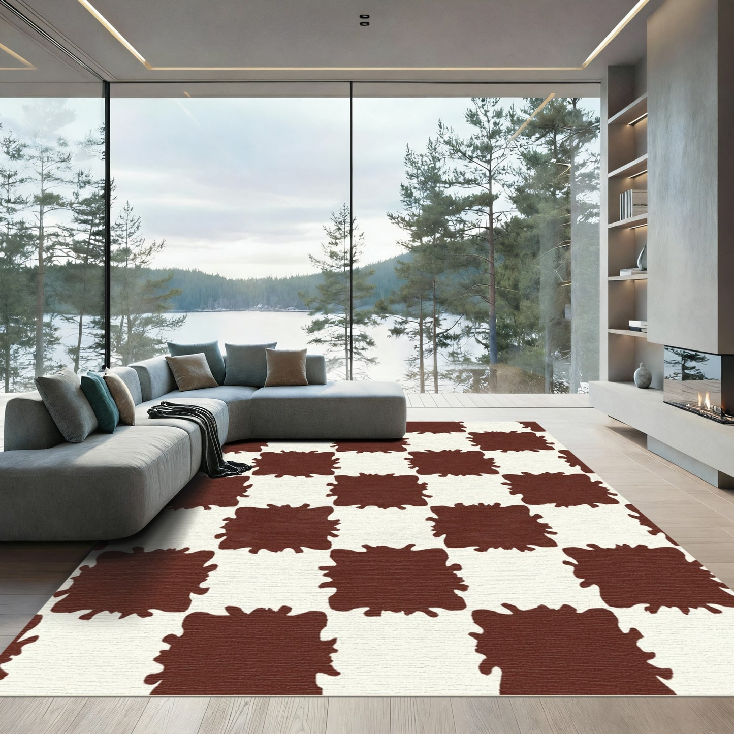 Brown Cream Splatter Checkered Rug