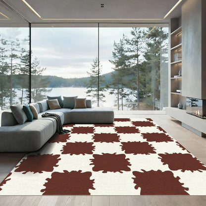 Brown Cream Splatter Checkered Rug