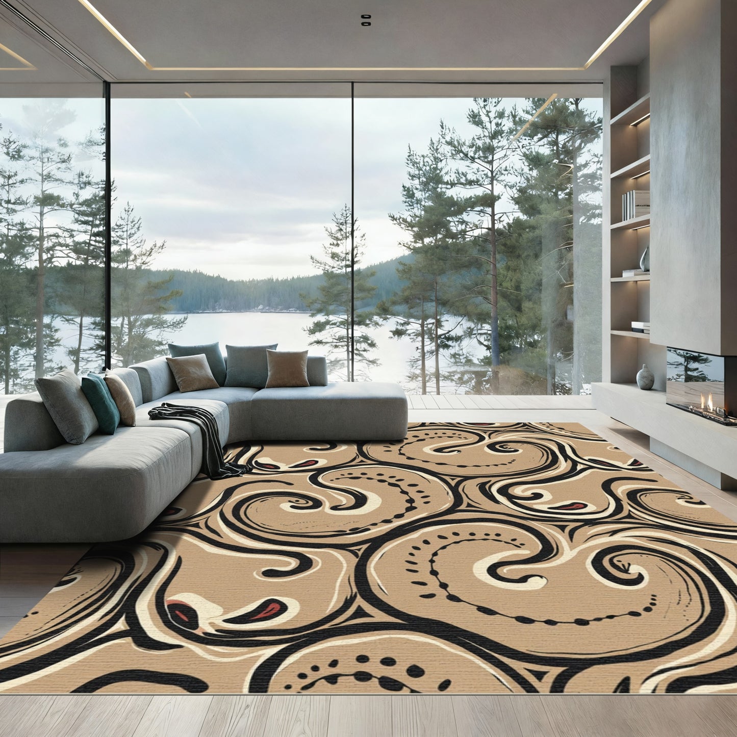 Earthy Swirls and Red Dot Accents Rug