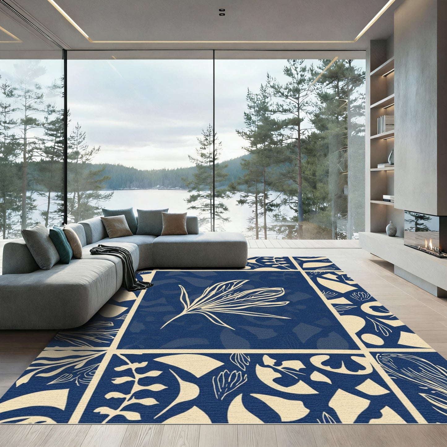 Navy Cream Botanical Leaf Medallion Rug