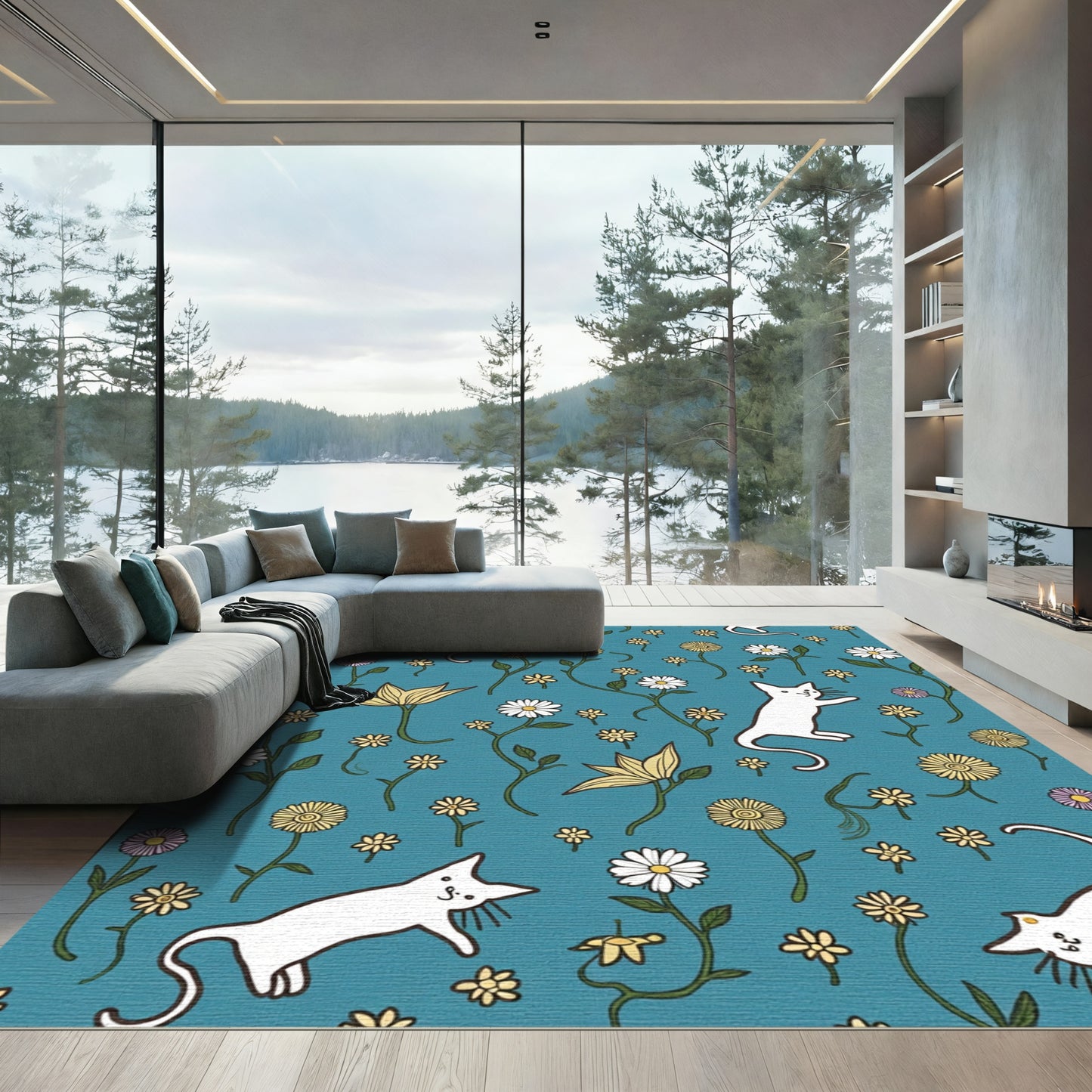 Playful White Cats Floral Garden Rug