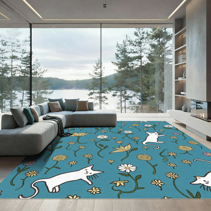 Playful White Cats Floral Garden Rug