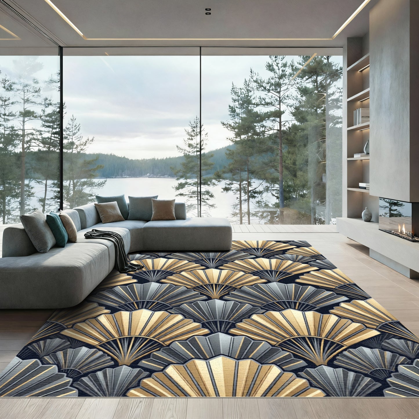 Art Deco Golden Grey Fan Ornament Rug