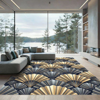 Art Deco Golden Grey Fan Ornament Rug