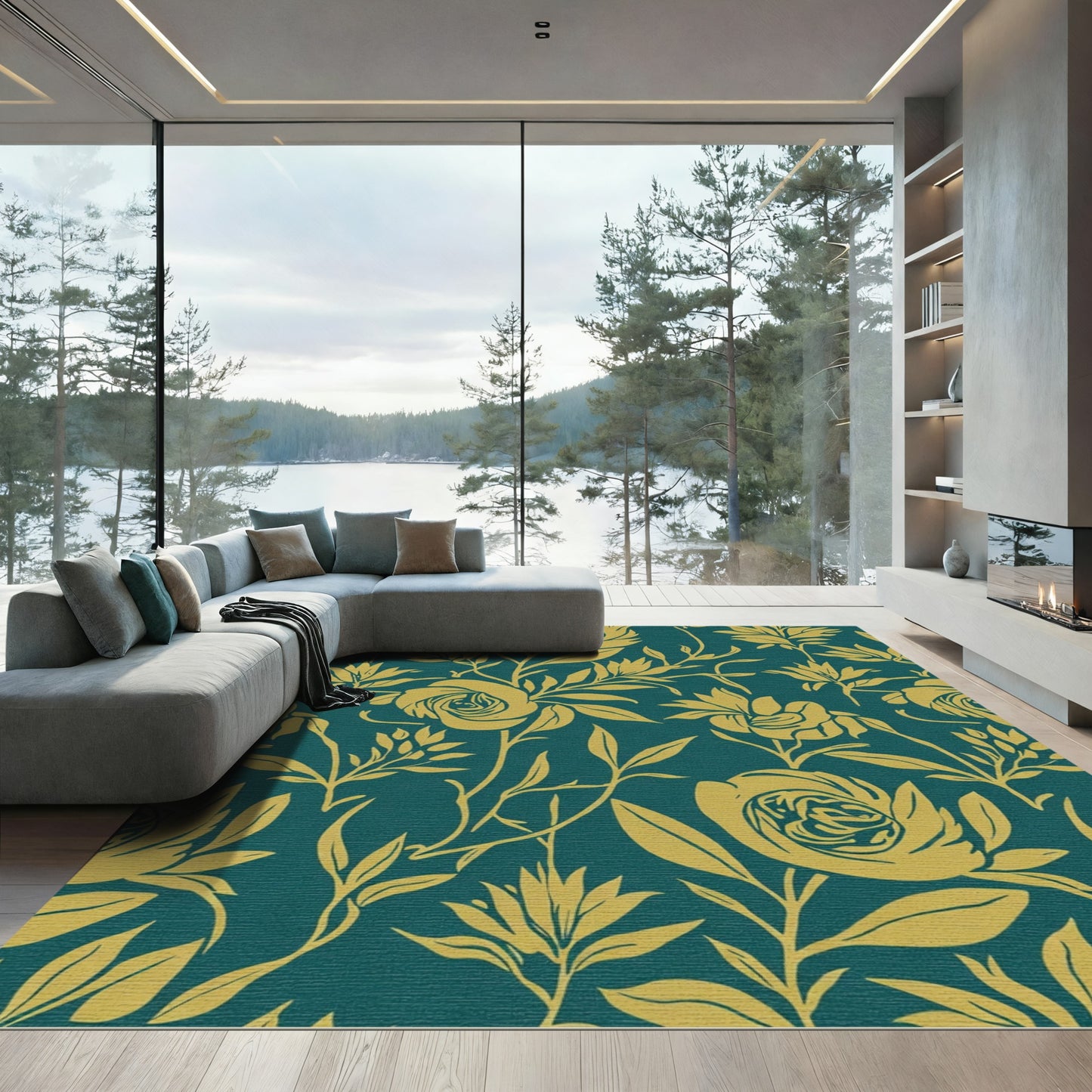 Teal Gold Floral Garden Whimsical Rug
