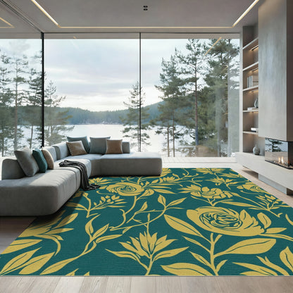 Teal Gold Floral Garden Whimsical Rug