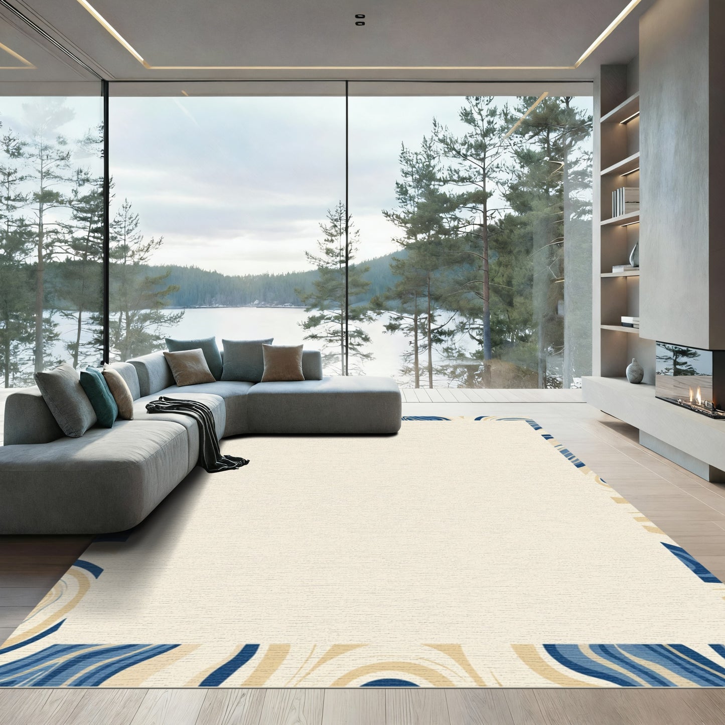 Creamy Beige Blue Swirl Border Rug