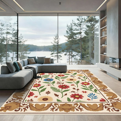 Ecru Floral Border Red Blue Accents Rug