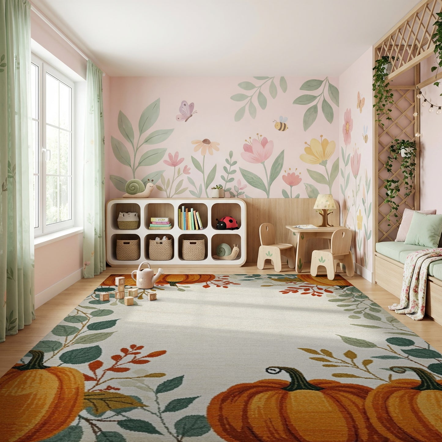 Autumn Orange Pumpkins Foliage Border Rug