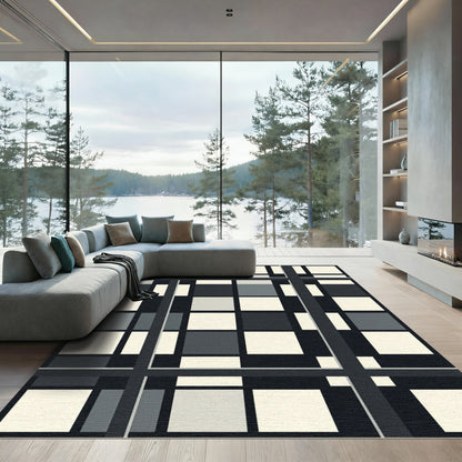 Monochrome Geometric Grid Checkered Square Rug