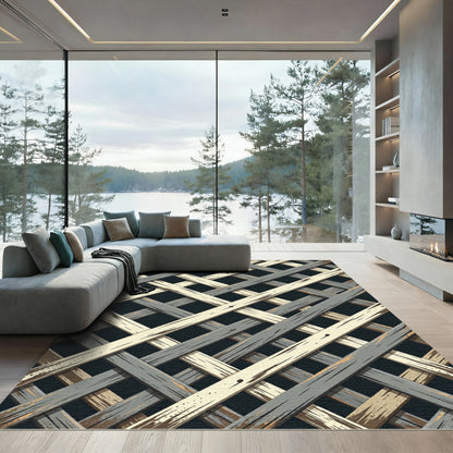 Earthy Gray Cream Woven Lattice Rug