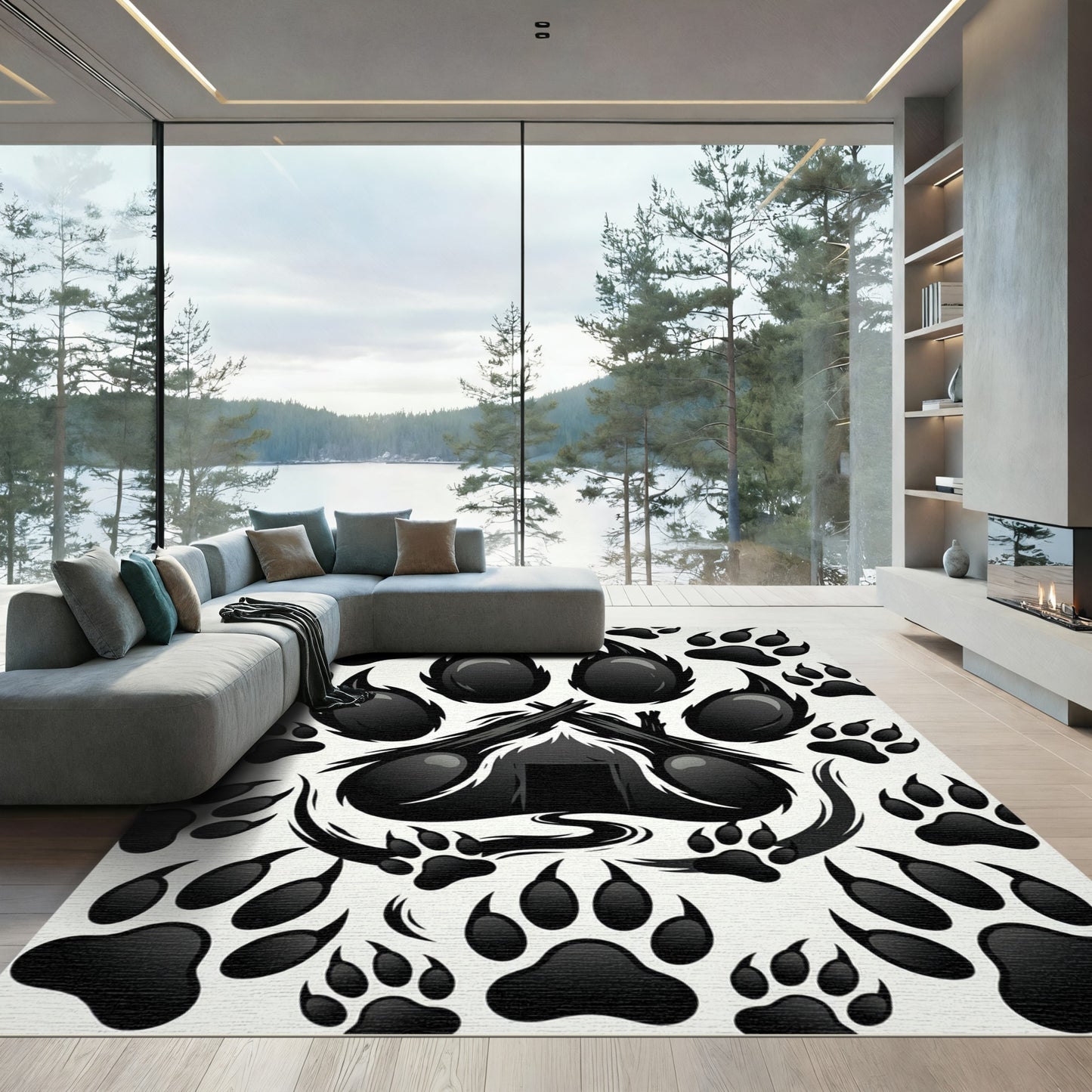 Black Paw Print Shelter Composition Rug