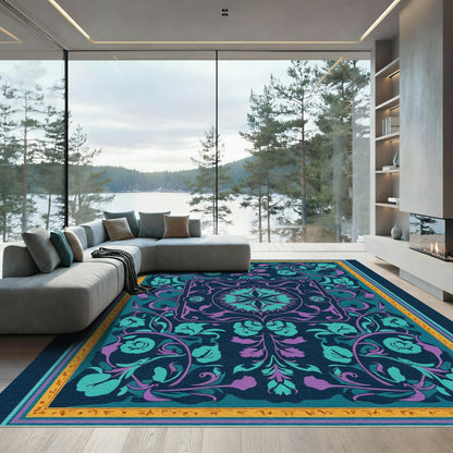Deep Teal Purple Floral Scroll Rug