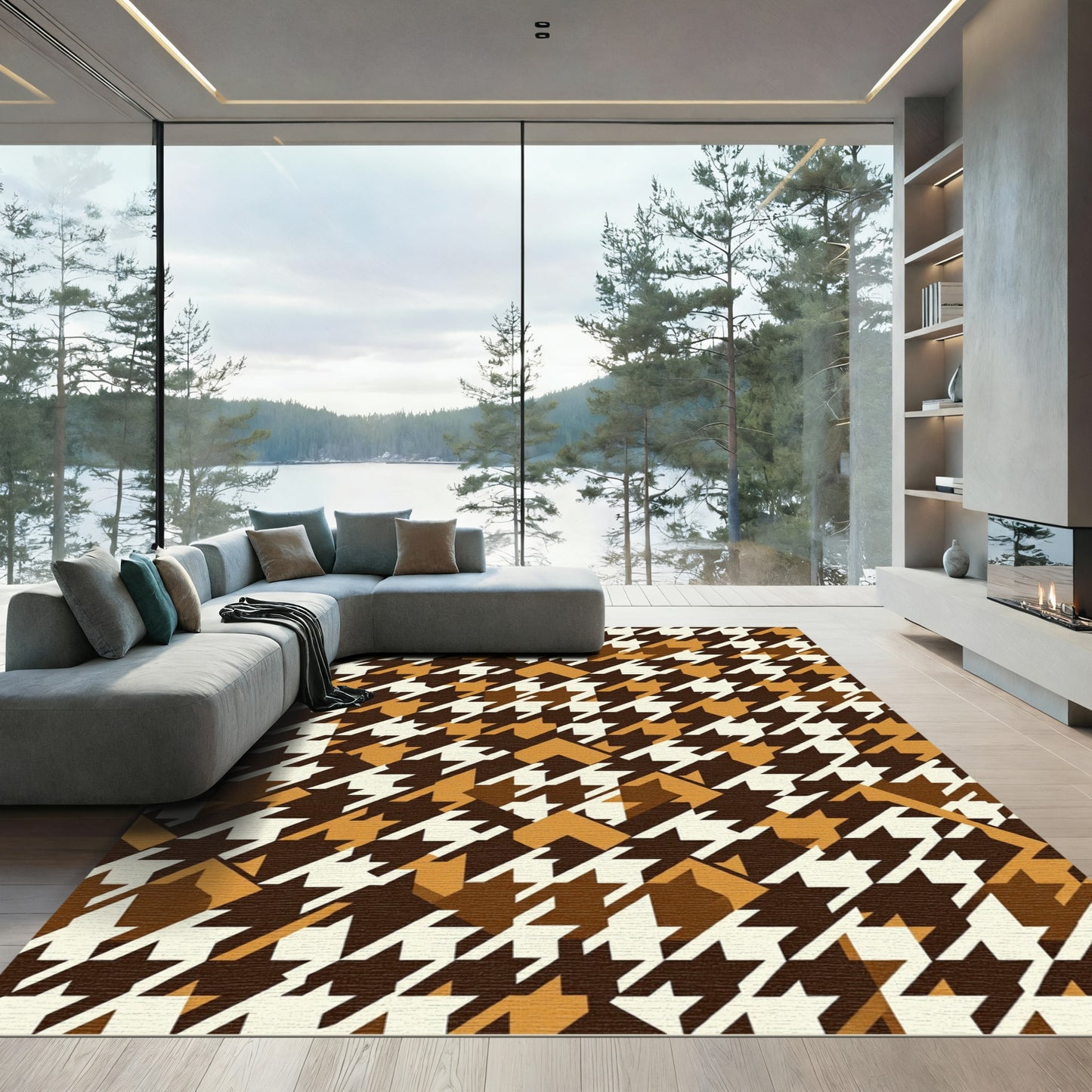 Classic Houndstooth Brown Cream Diamonds Rug