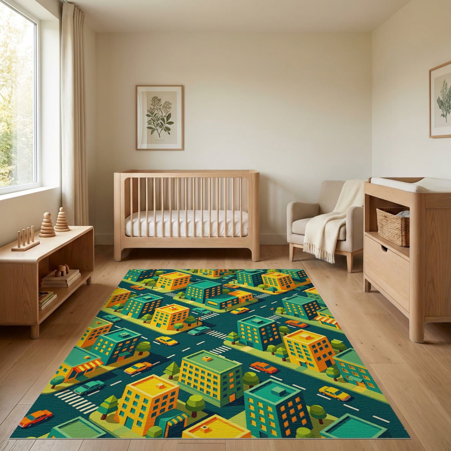 Vibrant Isometric Teal Yellow Cityscape Rug