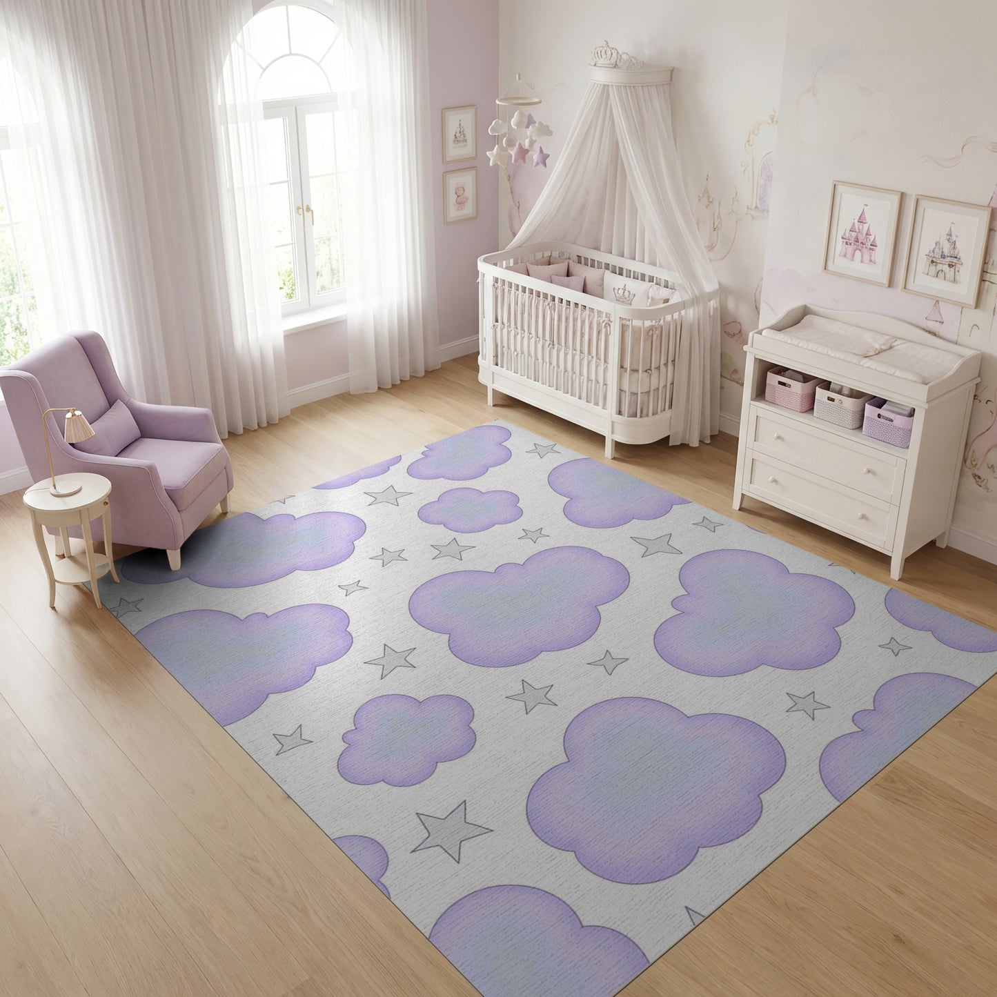 Whimsical Purple Clouds Silver Stars Rug