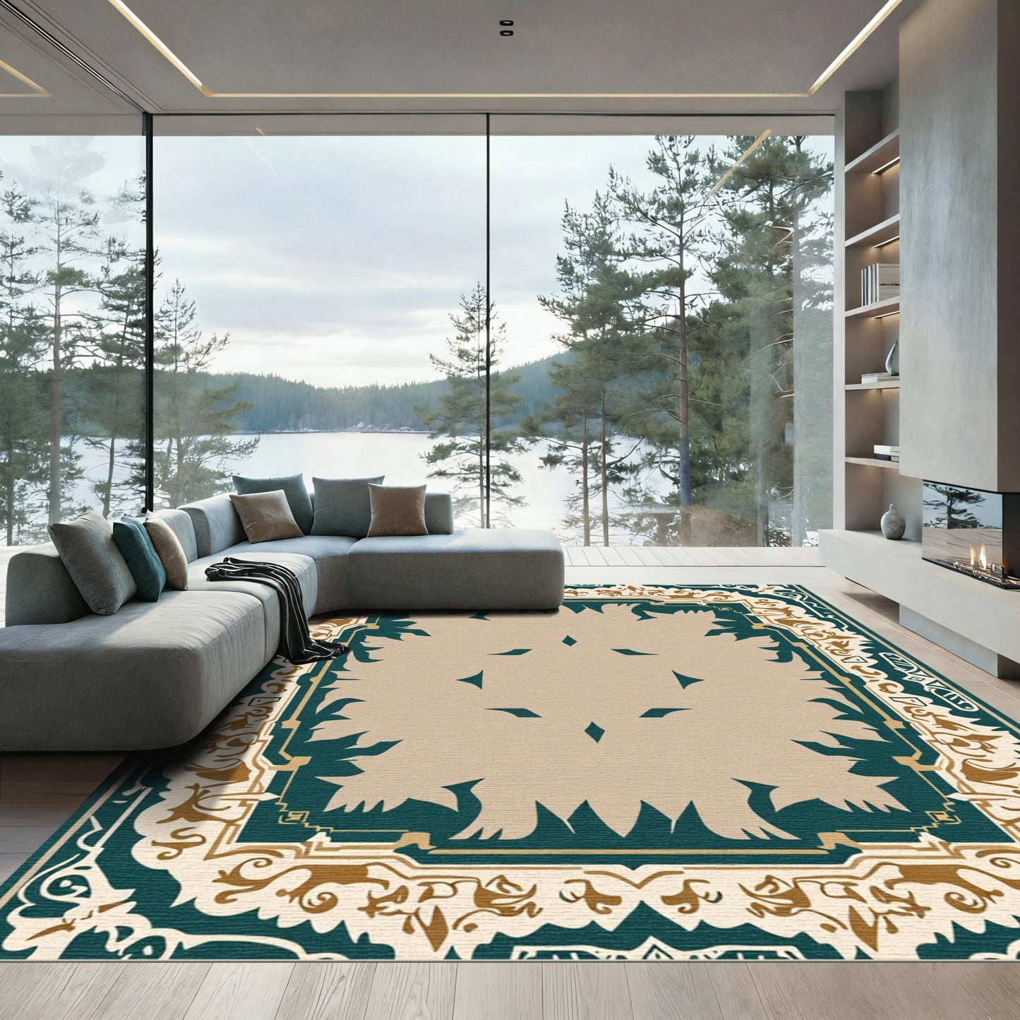 Emerald Tan Ornate Geometric Border Rug