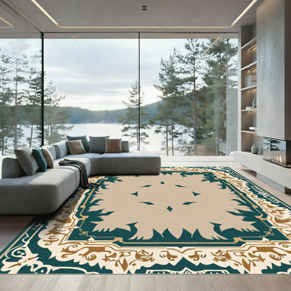 Emerald Tan Ornate Geometric Border Rug