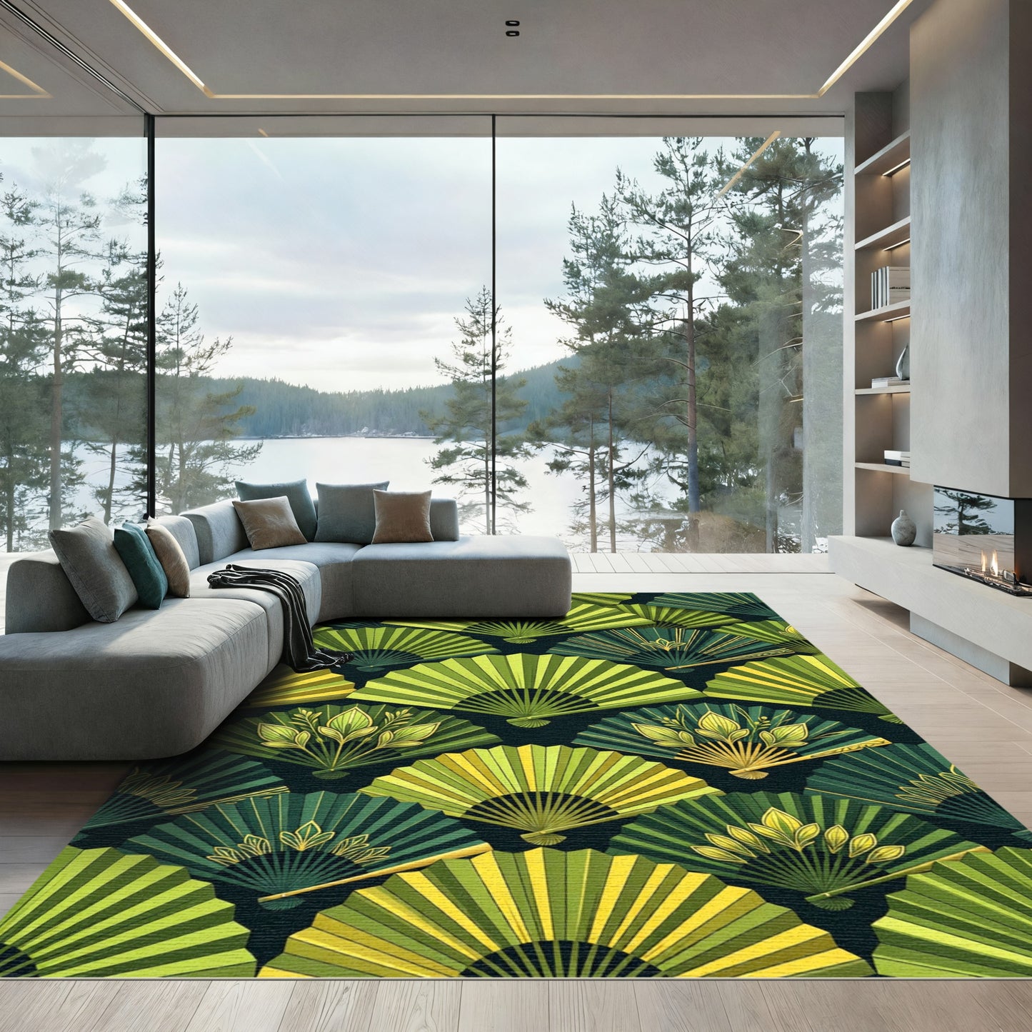 Emerald Green Fan Medallion Composition Rug
