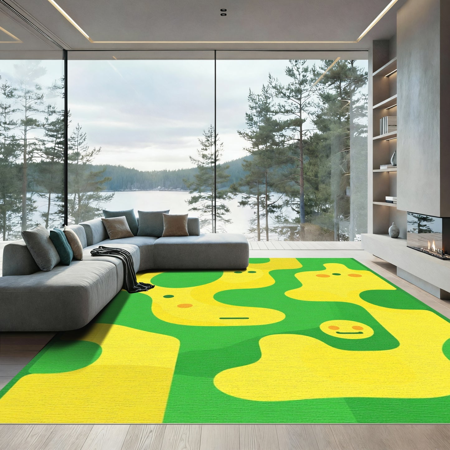 Whimsical Yellow Faces Green Abstract Rug