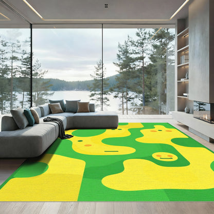 Whimsical Yellow Faces Green Abstract Rug