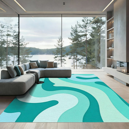 Teal Aqua Wavy Layered Abstract Rug