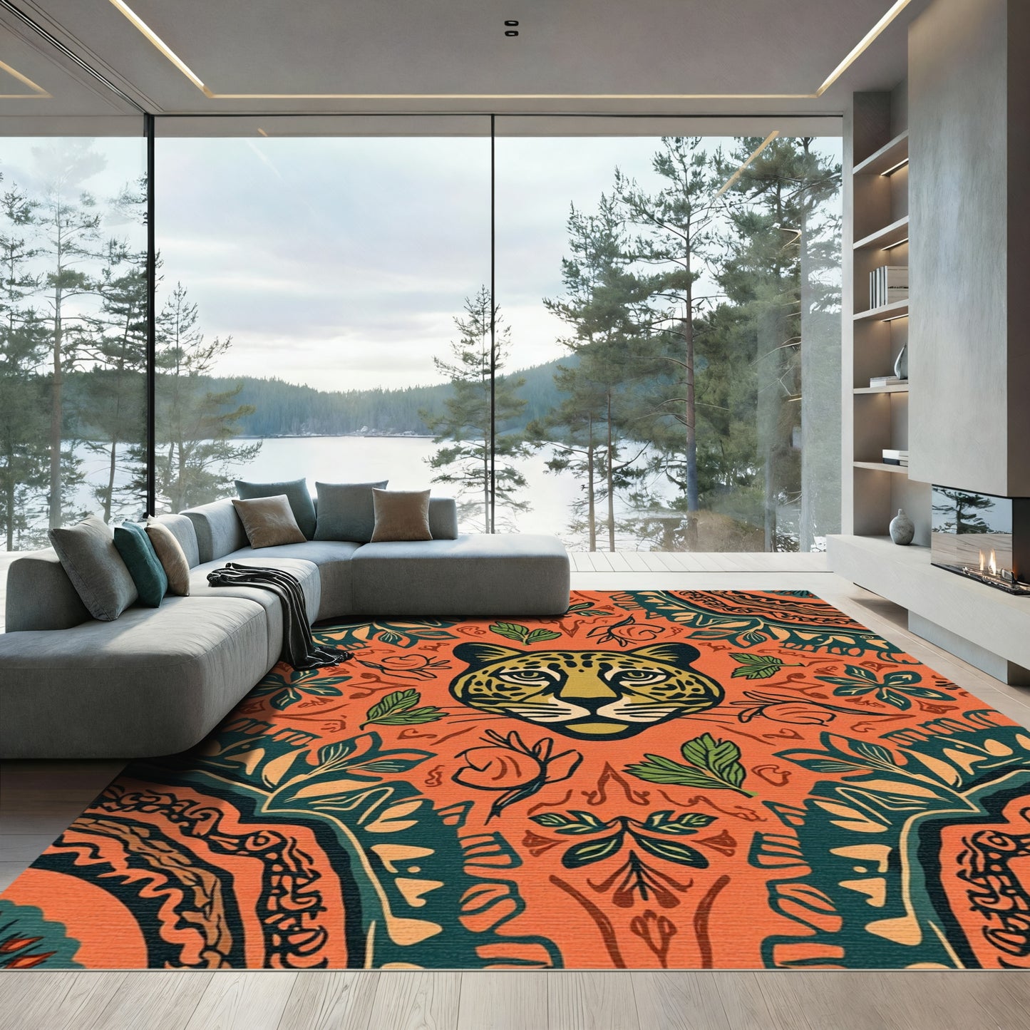 Vibrant Orange Jaguar Floral Collage Rug