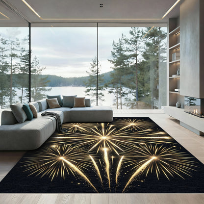 Luminous Golden Fireworks Burst Art Rug