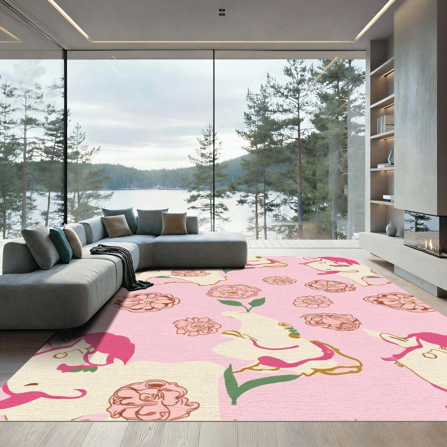 Whimsical Pink Floral Unicorn Meadow Rug