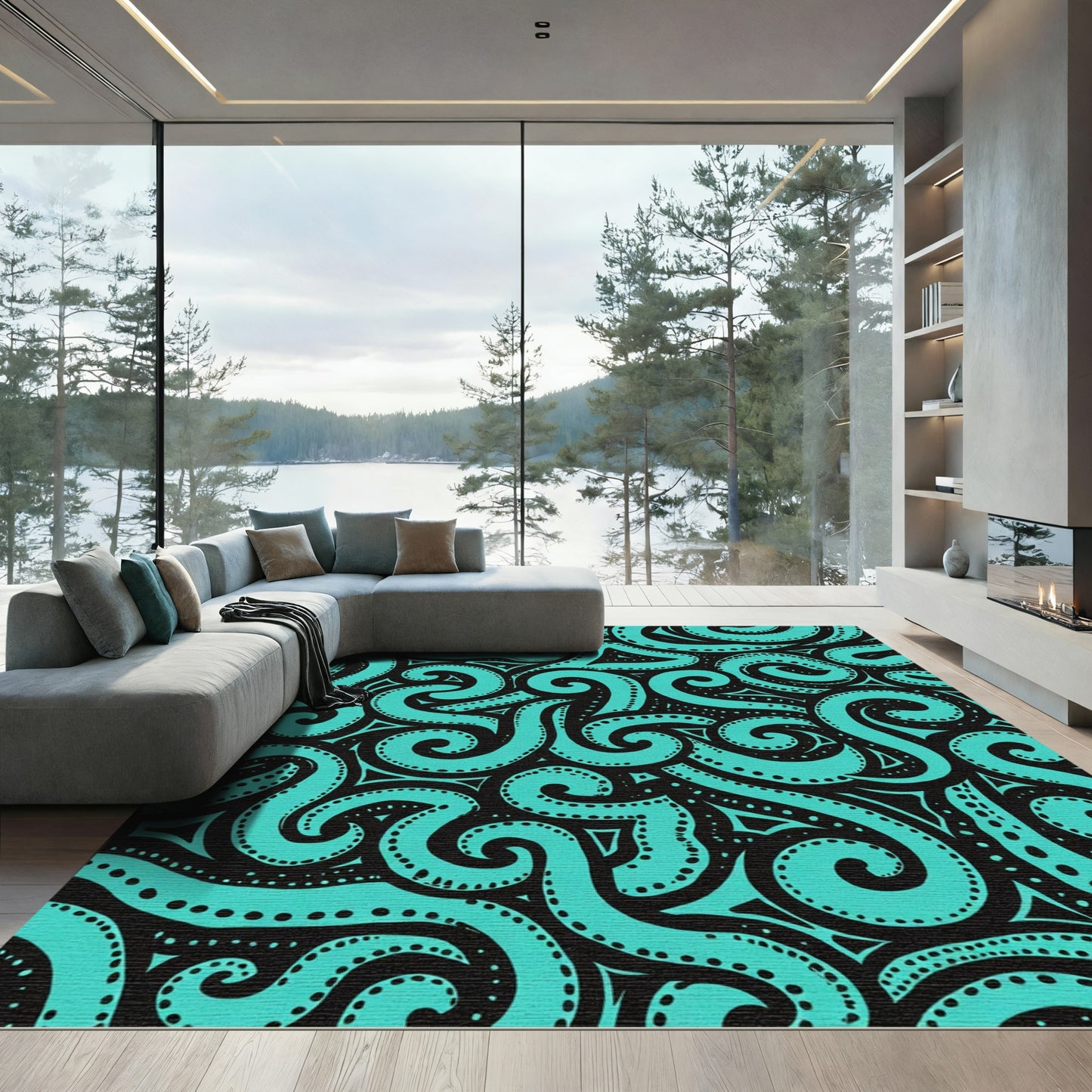 Teal Swirl Tribal Black Rug