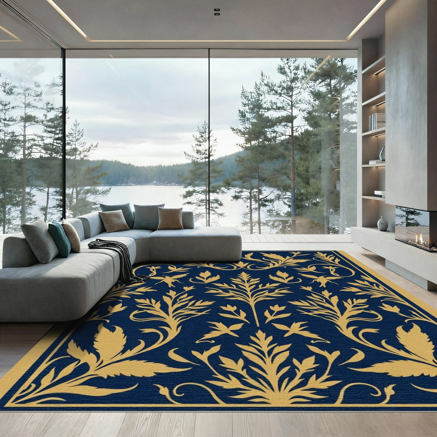 Navy Gold Botanical Bird Medallion Rug