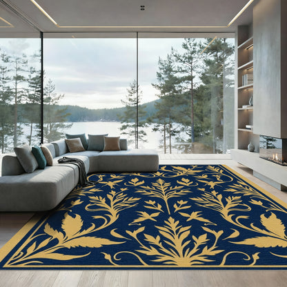 Navy Gold Botanical Bird Medallion Rug