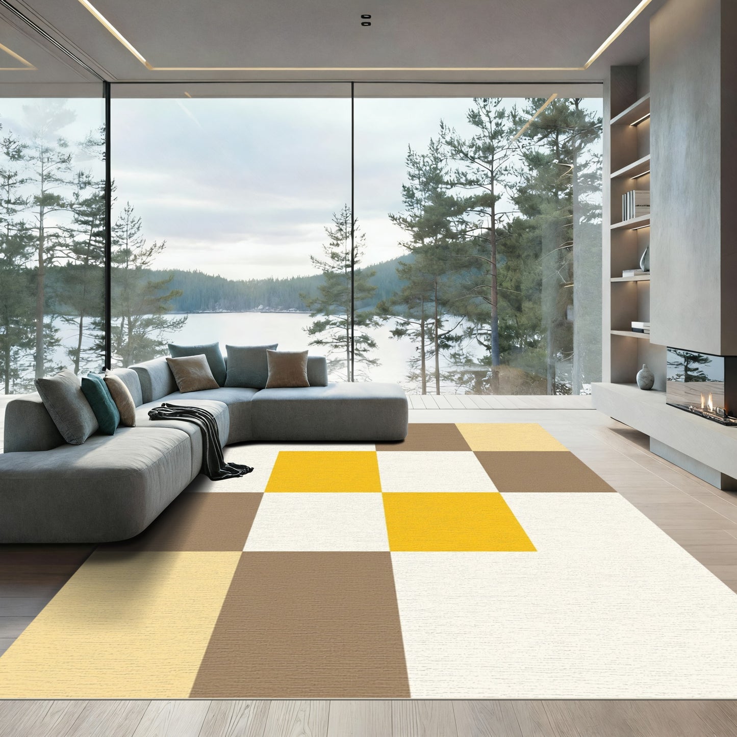 Modern Yellow Brown Geometric Squares Rug