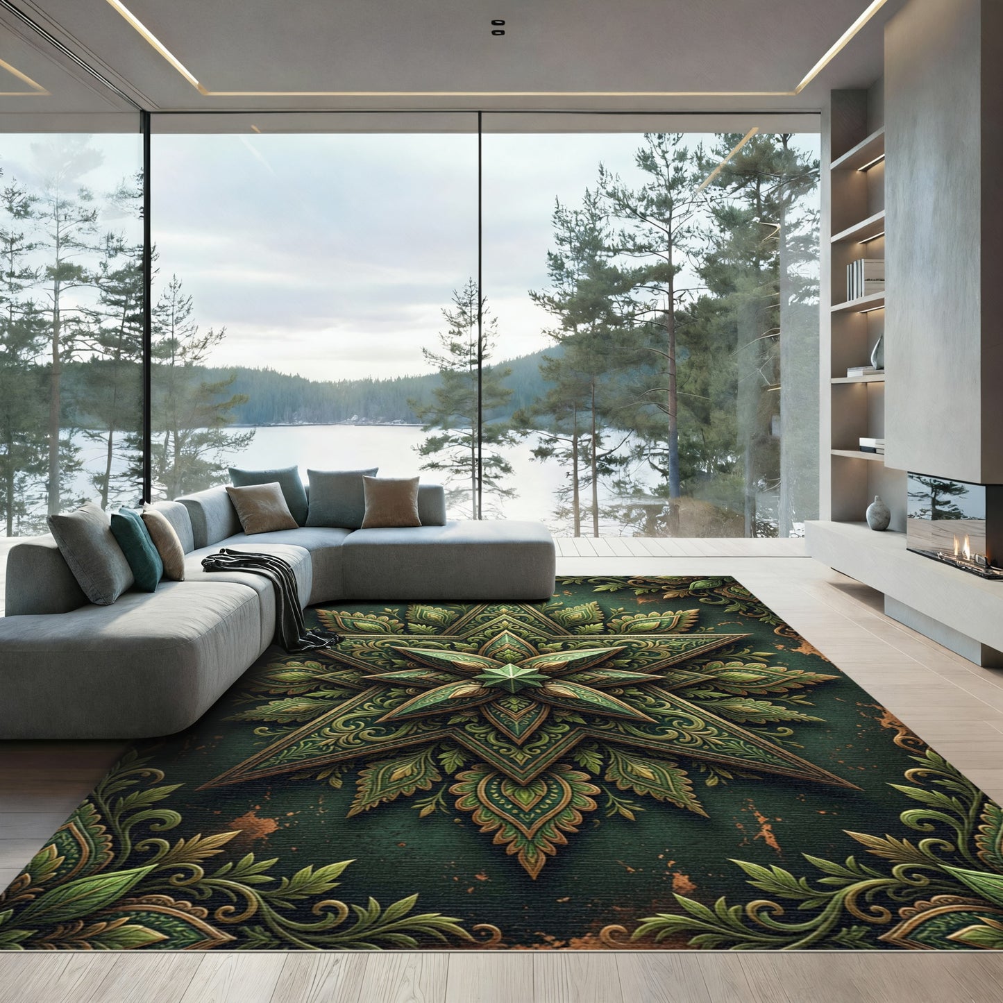 Ornate Forest Green Star Medallion Rug