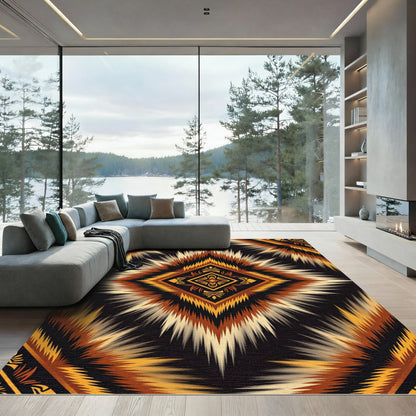 Earthy Amber Geometric Sunburst Medallion Rug