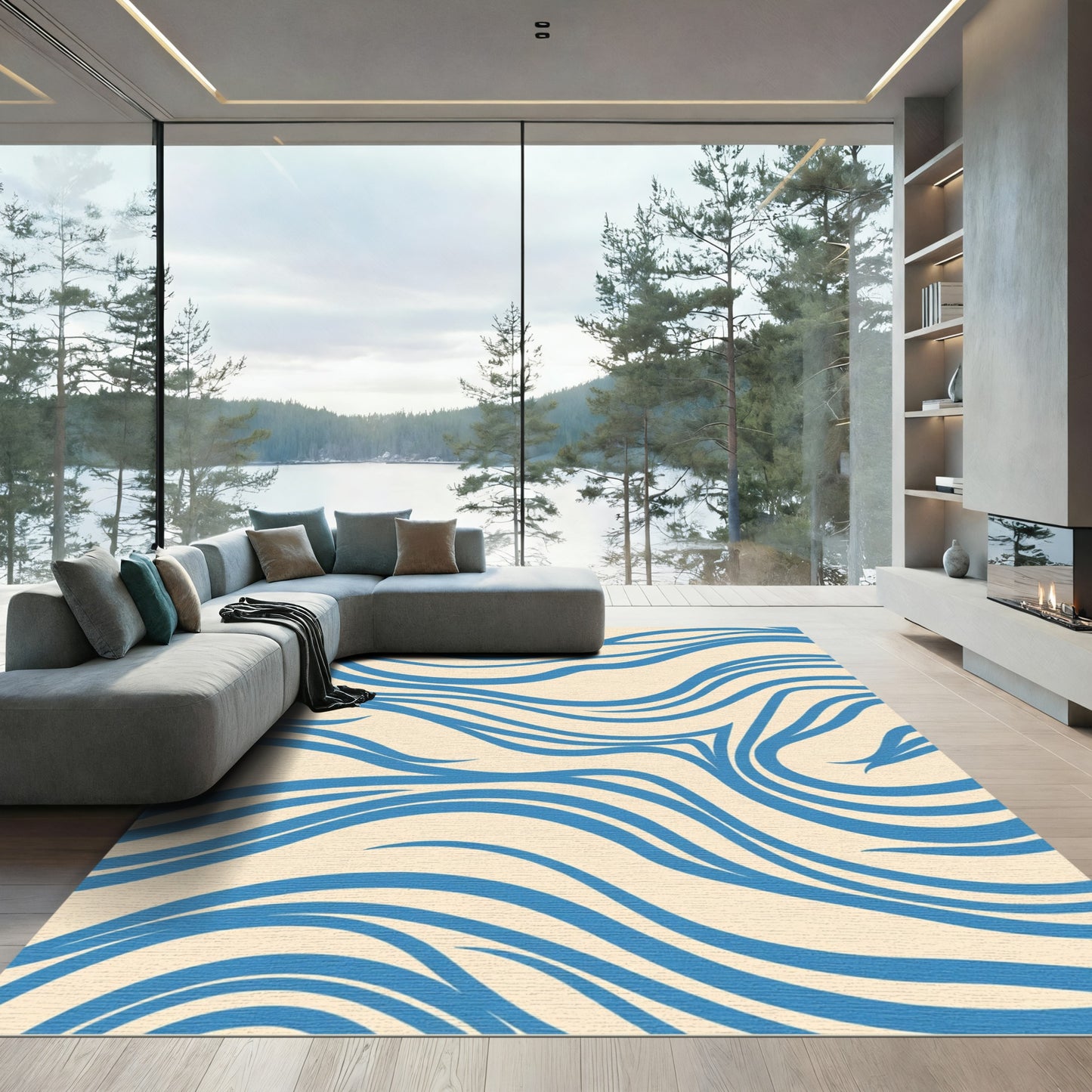 Sandy Beige Blue Swirls Rug