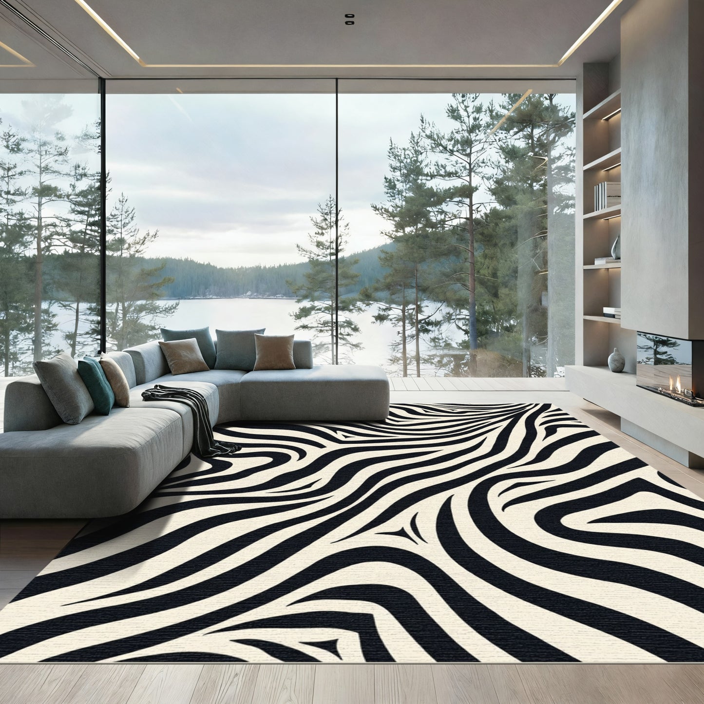Bold Black Cream Animalistic Swirls Rug