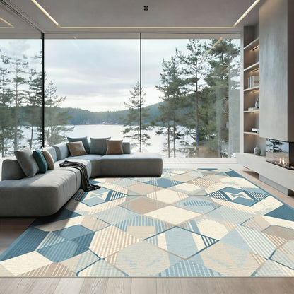 Geometric Diamond Medallion Blue Beige Rug